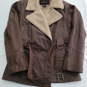 Womens brown leather bomber shearling and quilted lined jacket